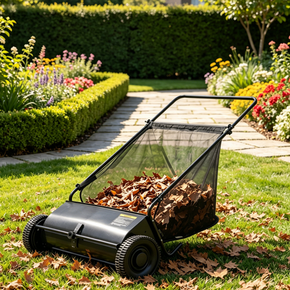 YODOLLA Push Lawn Sweeper, 26 Inch Leaf Collector 7 Cu. Ft. Hopper Capacity