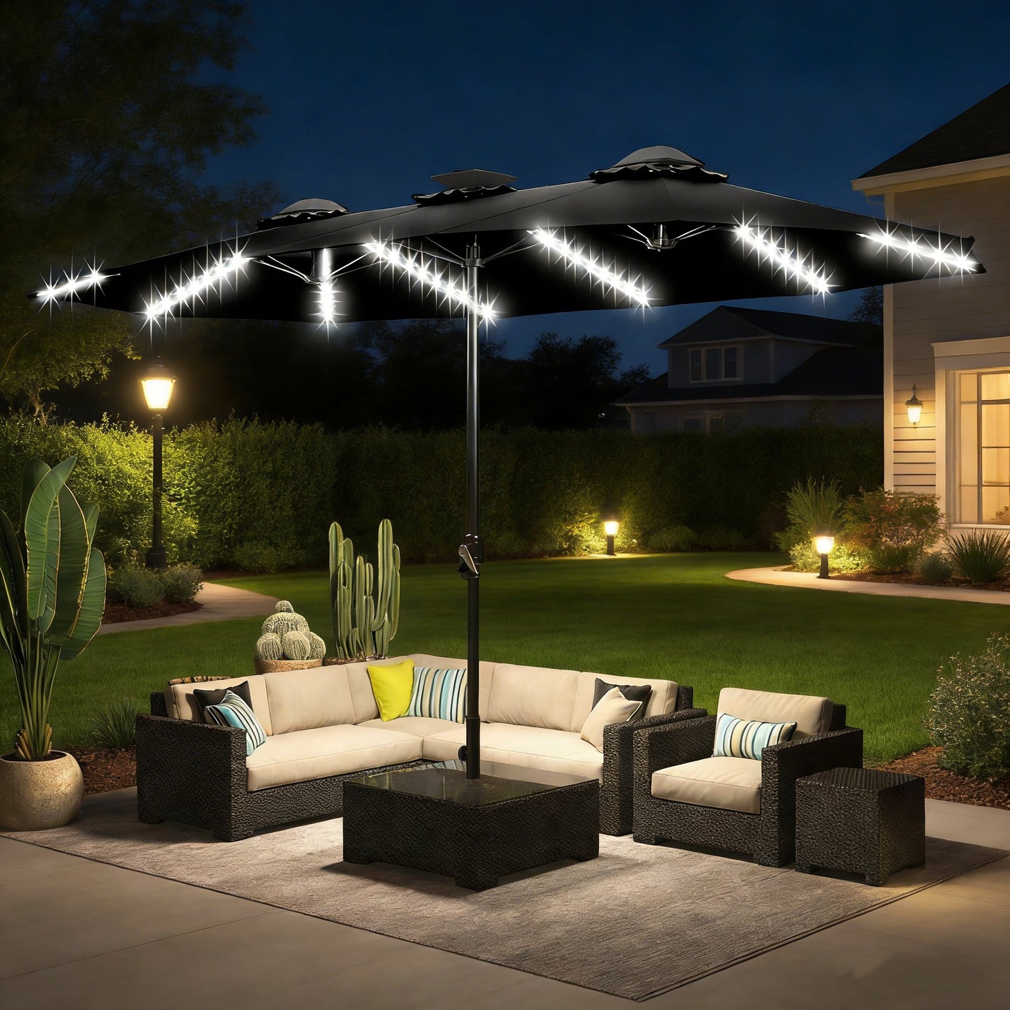 YODOLLA 15ft Patio Umbrella with Solar Lights, Black