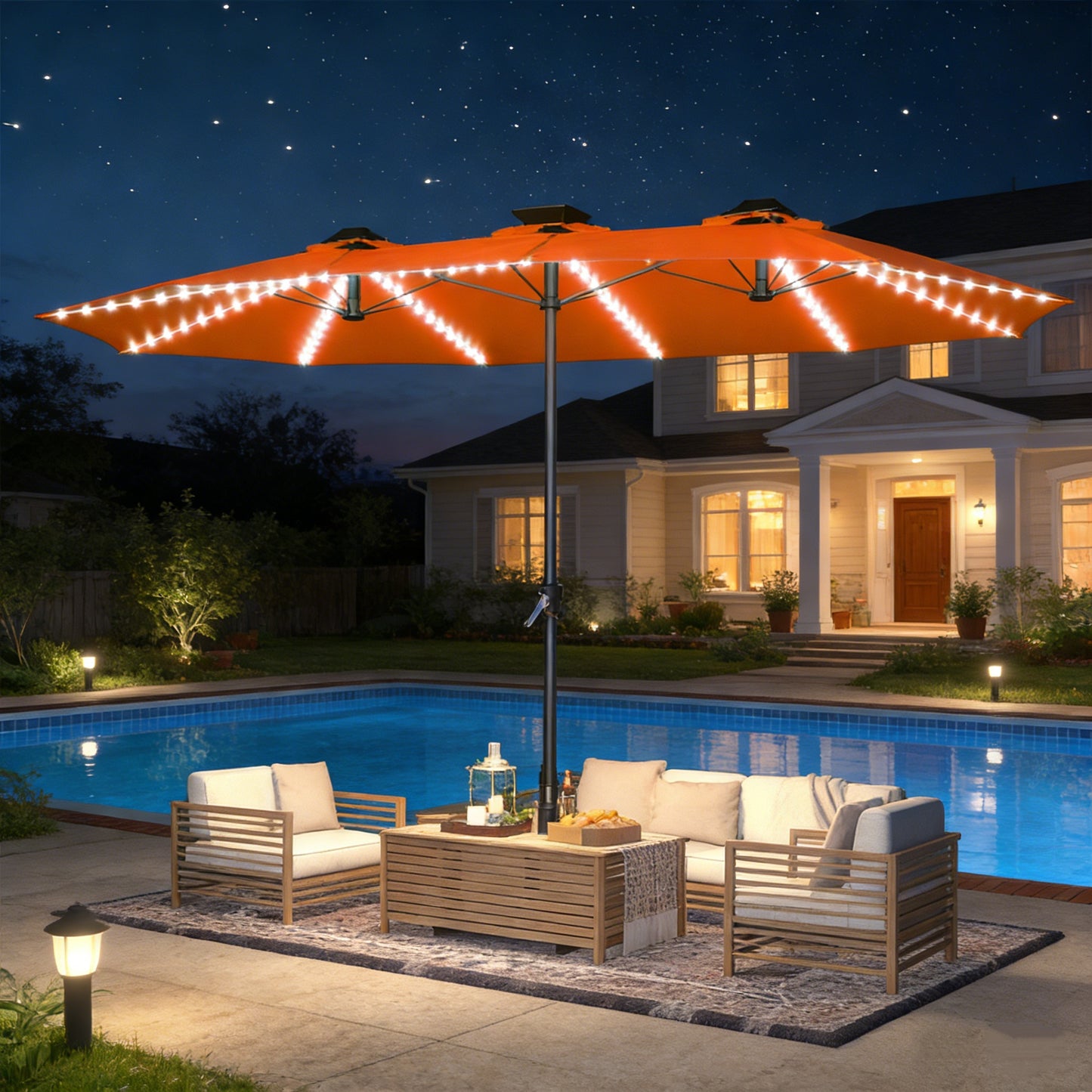 YODOLLA 15ft Patio Umbrella with Solar Lights, Orange
