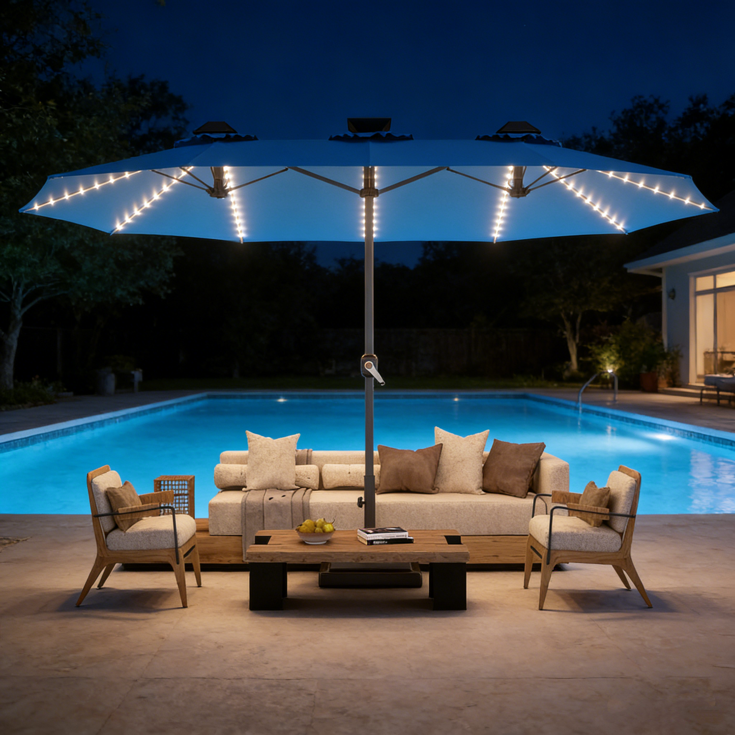 YODOLLA 15ft Patio Umbrella with Solar Lights, Sky Blue