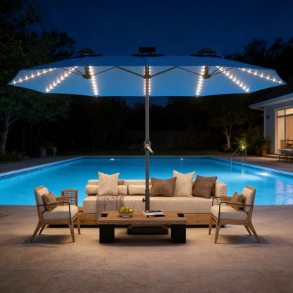 YODOLLA 15ft Patio Umbrella with Solar Lights, Sky Blue