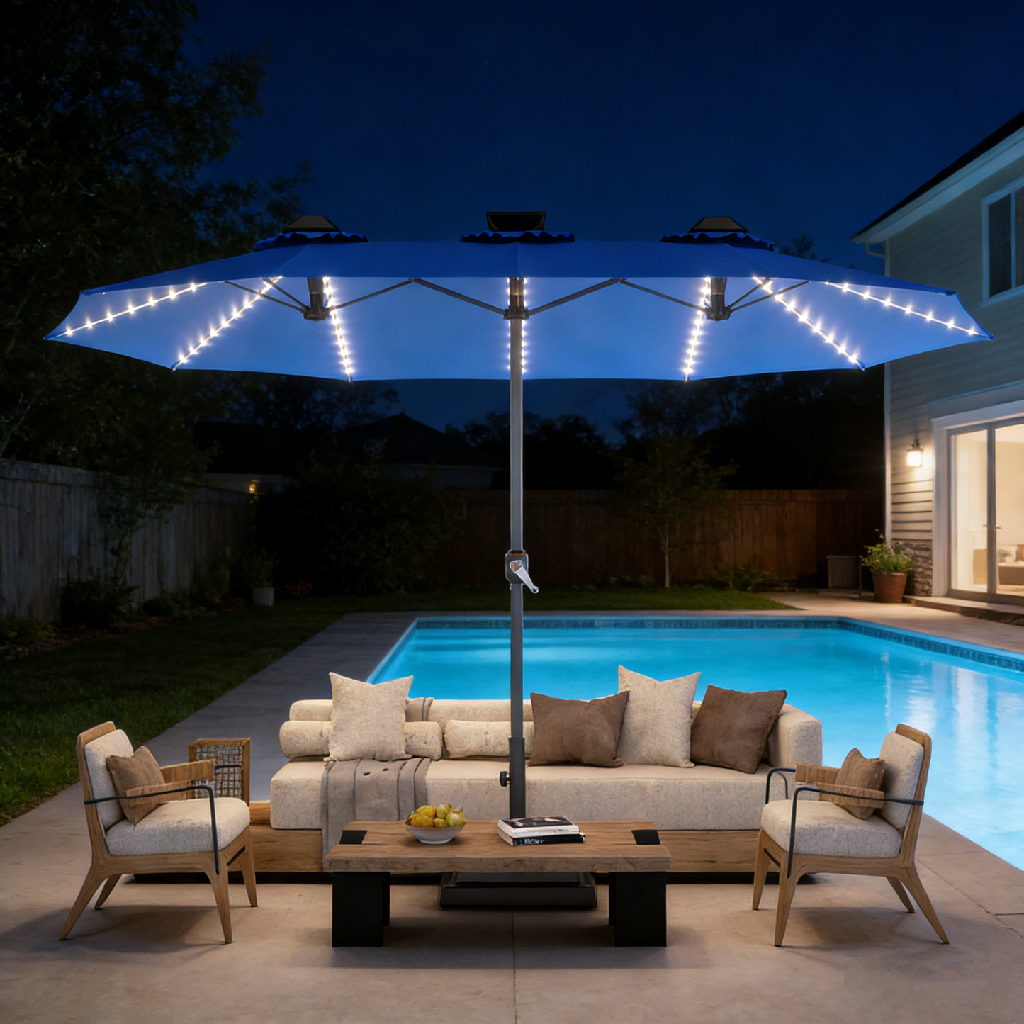 YODOLLA 15ft Patio Umbrella with Solar Lights, Blue