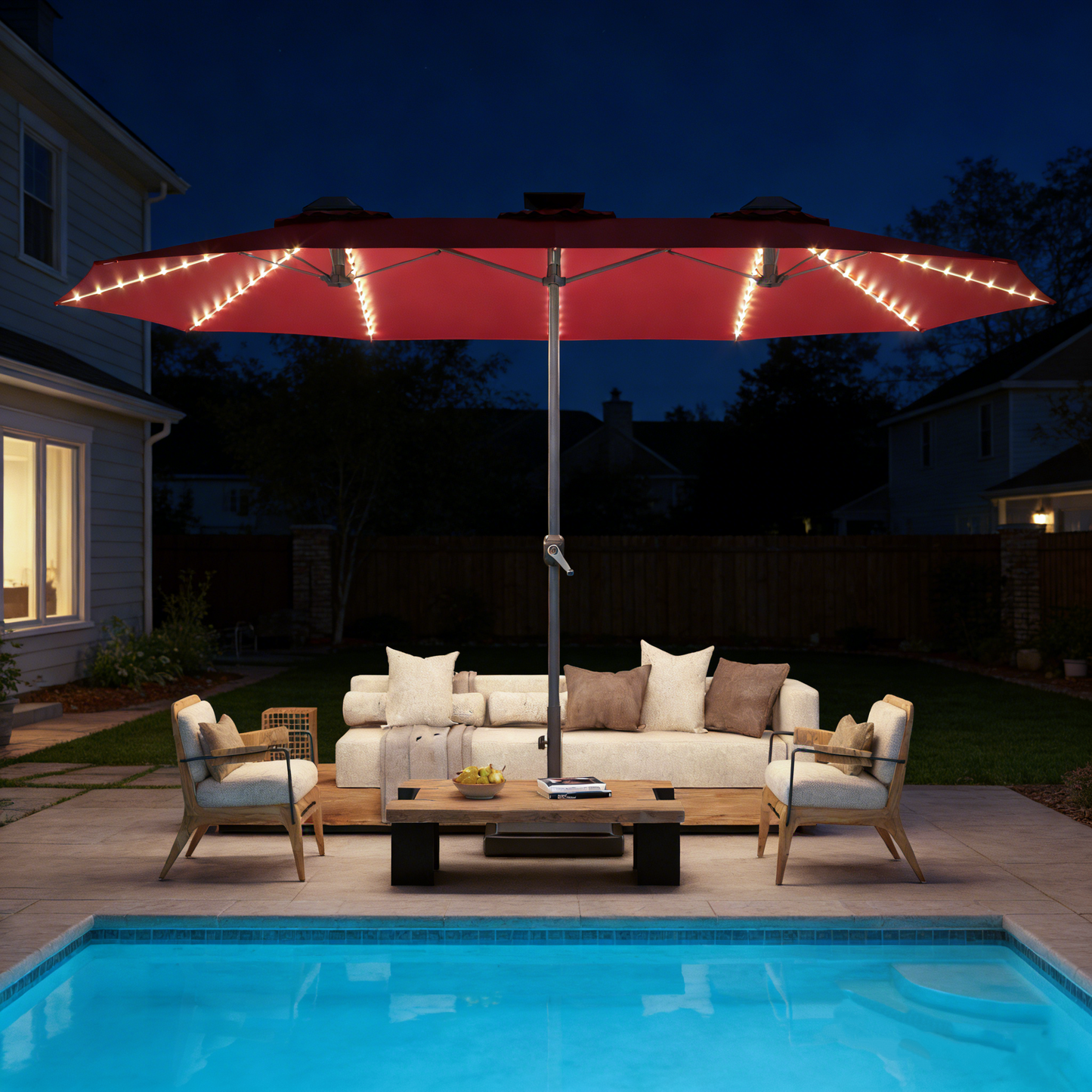 YODOLLA 15ft Patio Umbrella with Solar Lights, Red