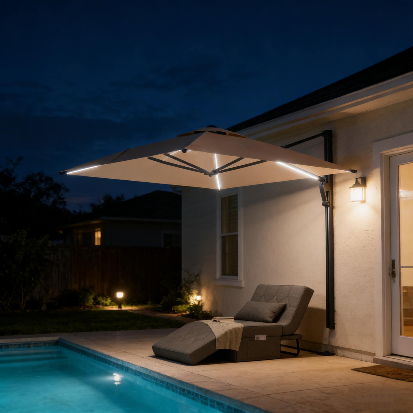 YODOLLA 10ft Solar LED Cantilever Patio Umbrella, Rectangular Wall Mounted Outdoor Large Offset Umbrellas