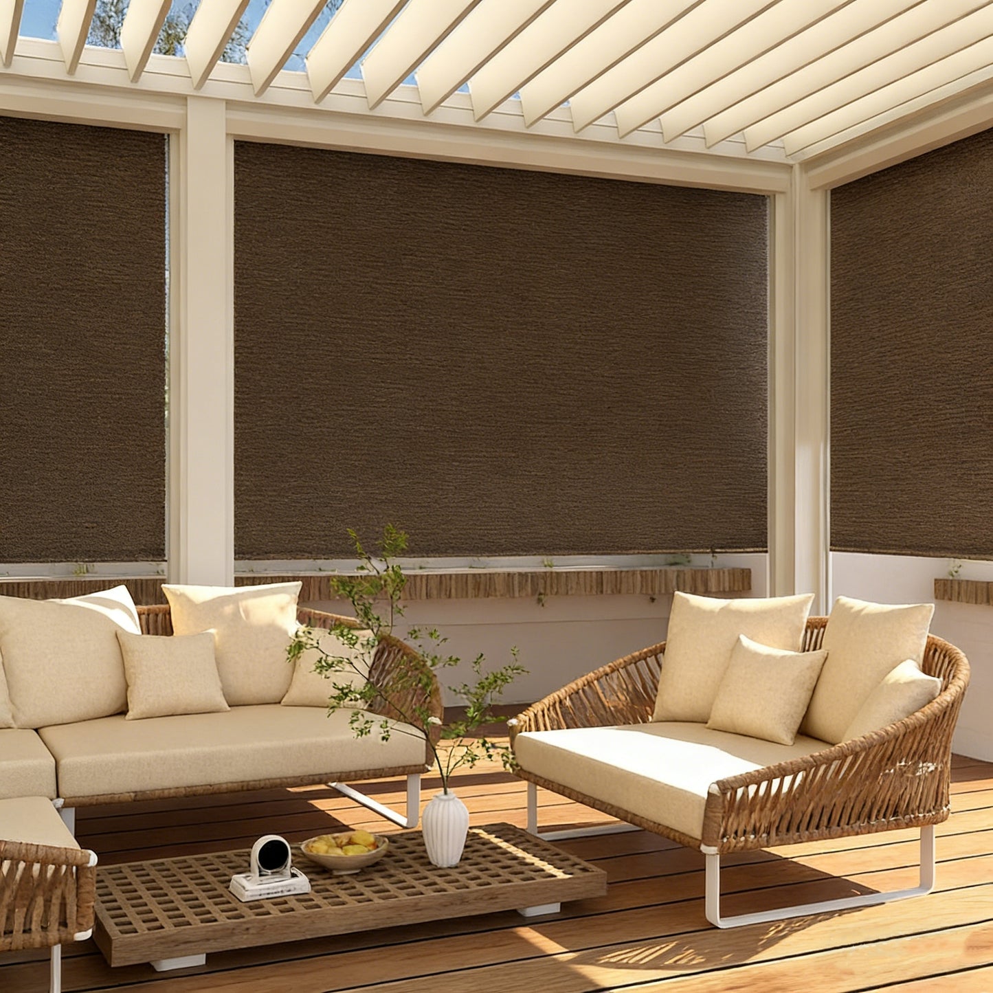 YODOLLA Mocha Outdoor Roller Shade, 220GSM HDPE Cordless Blinds, 99% UV Protection
