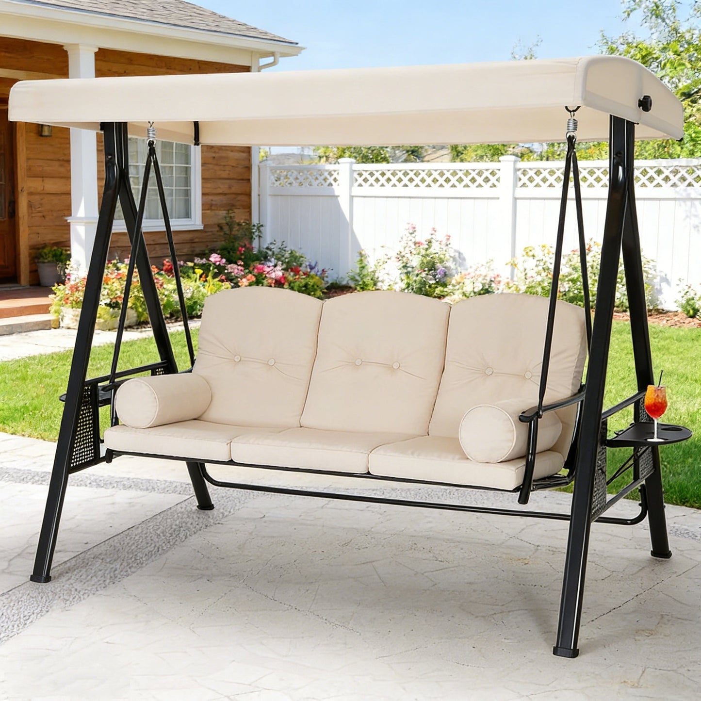 YODOLLA 3-Seat Patio Porch Swing Chair, Beige