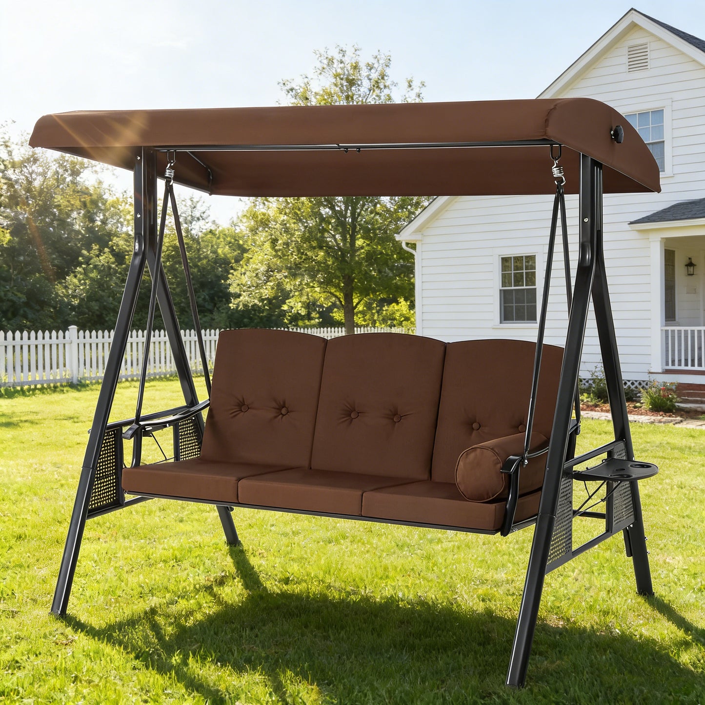YODOLLA 3-Seat Patio Porch Swing Chair, Brown