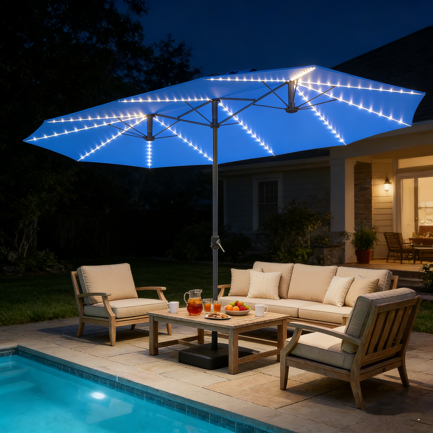 YODOLLA 15ft Double-Sided Patio Umbrella Outdoor Rectangle Umbrella with Base, Blue