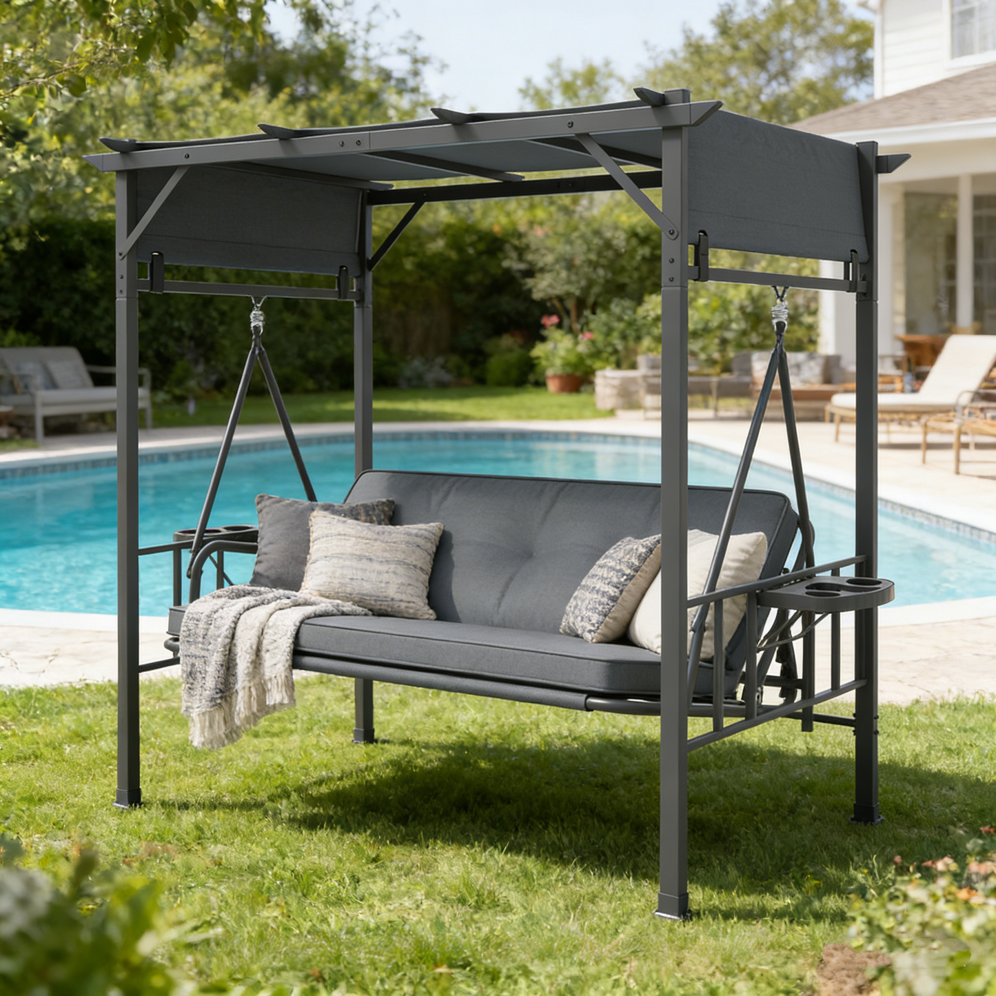 YODOLLA 2-in-1 Convertible Porch Swing Bed 3 Seat, Outdoor Patio Metal Pergola Swing