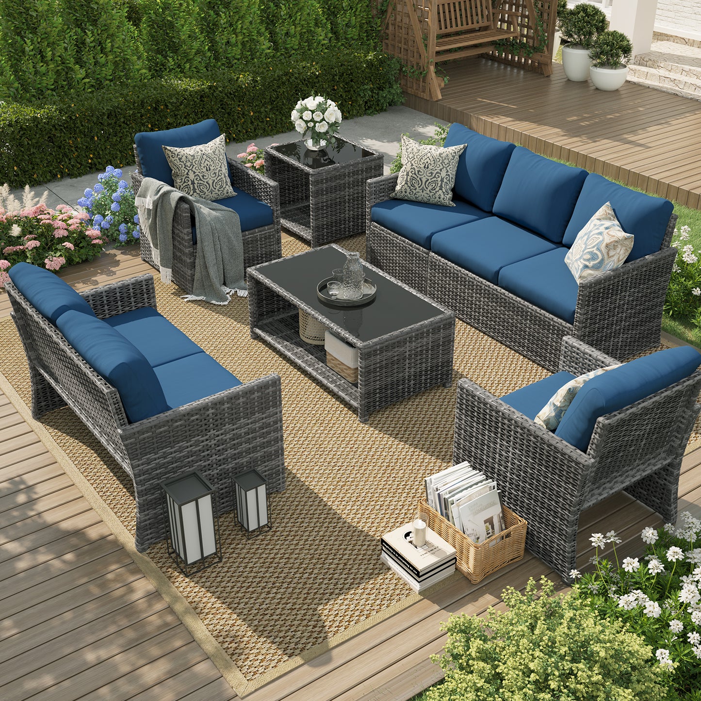 YODOLLA Patio Furniture Set with Two Table 7 PCS Outdoor Furniture, Gray Ranttan Blue Cushion