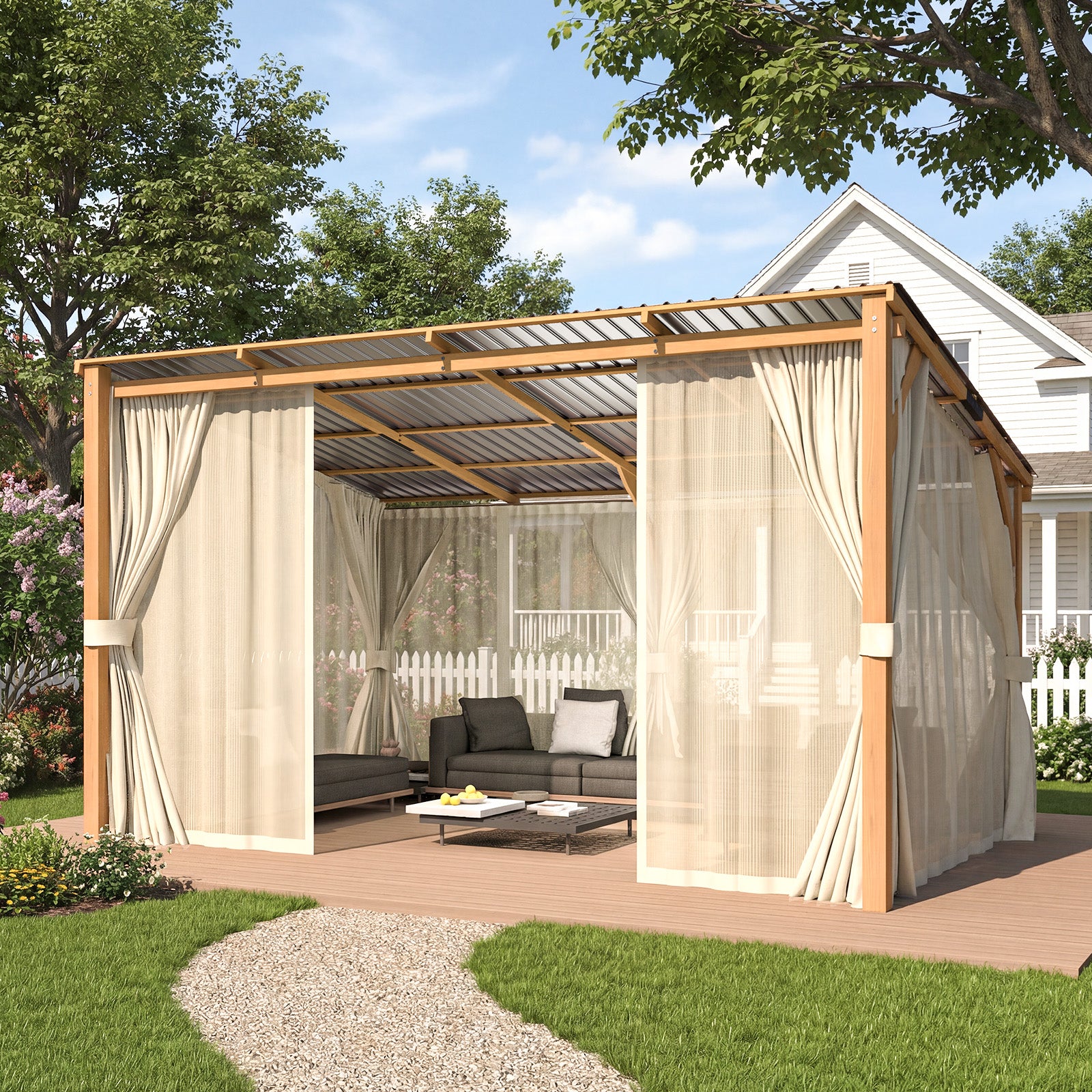 YODOLLA 10x14 Outdoor Wooden Pergola Gazebo with Curtains and Netting