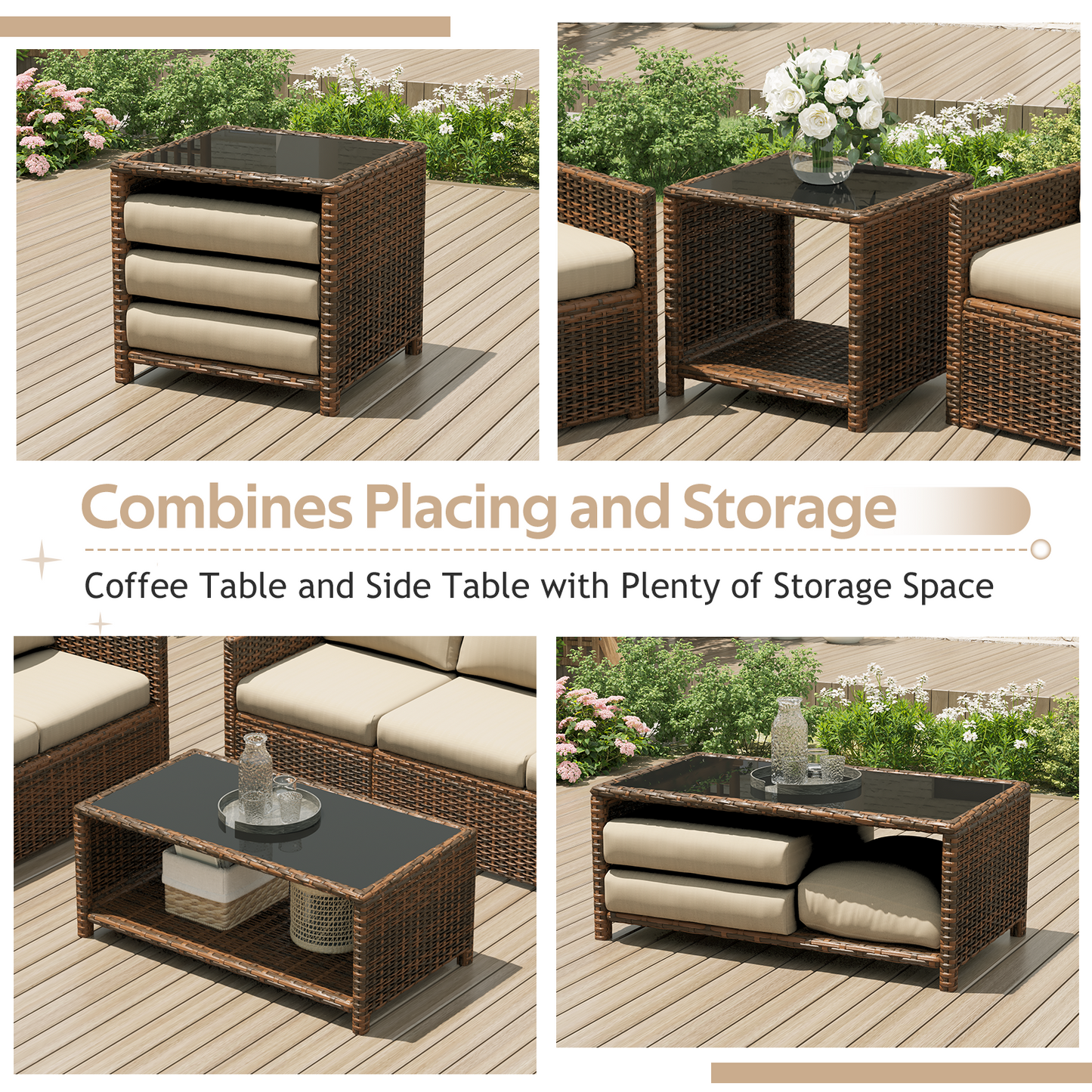 YODOLLA Patio Furniture Set with Two Table 7 PCS Outdoor Furniture, Brown Ranttan Beige Cushion