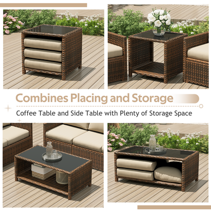 YODOLLA Patio Furniture Set with Two Table 7 PCS Outdoor Furniture, Brown Ranttan Beige Cushion