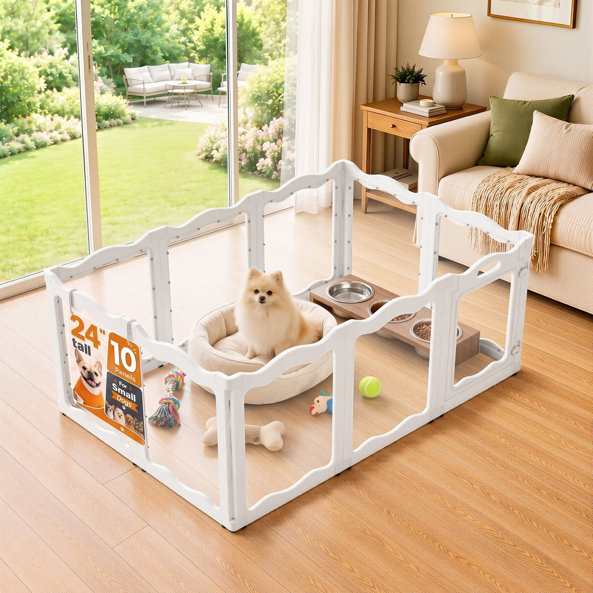 YODOLLA Pet Clear Acrylic Dog Playpen Indoor w/Door, 24" H, 10 Panels, White