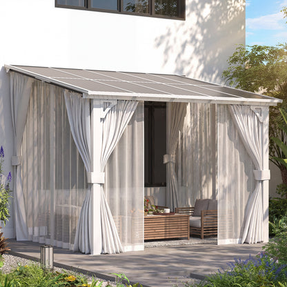 YODOLLA 10'x8' Outdoor Lean to Gazebo Pergola with Curtain and Netting for Patio, White