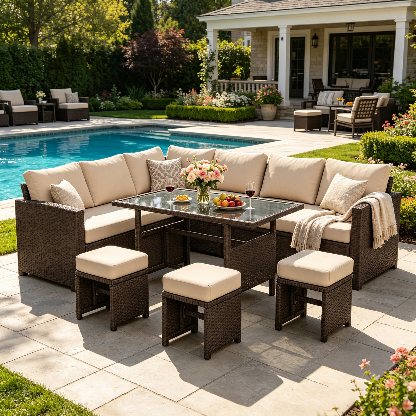 YODOLLA  7-Pc Patio Set, Brown Rattan & Khaki Cushions