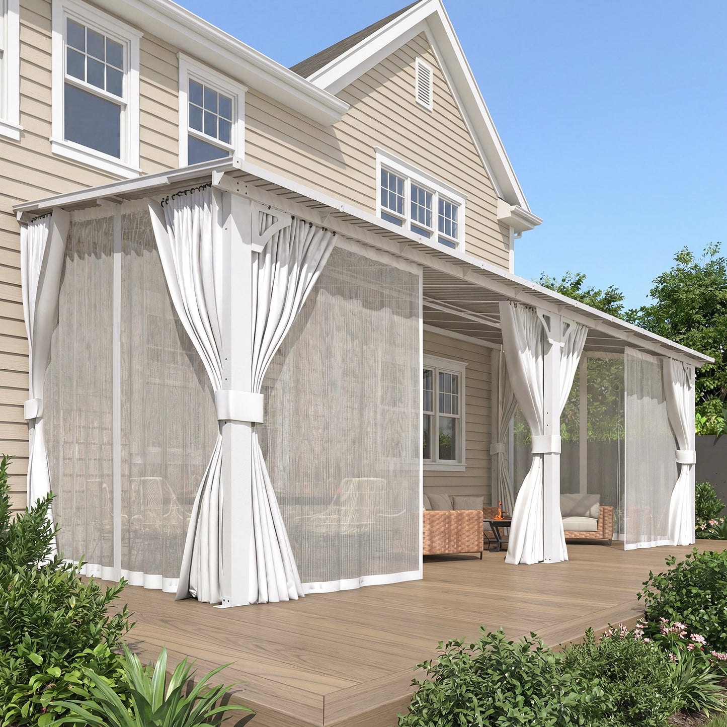 YODOLLA 20' x 8' Outdoor Lean to Gazebo Pergola with Curtain and Netting for Patio, White