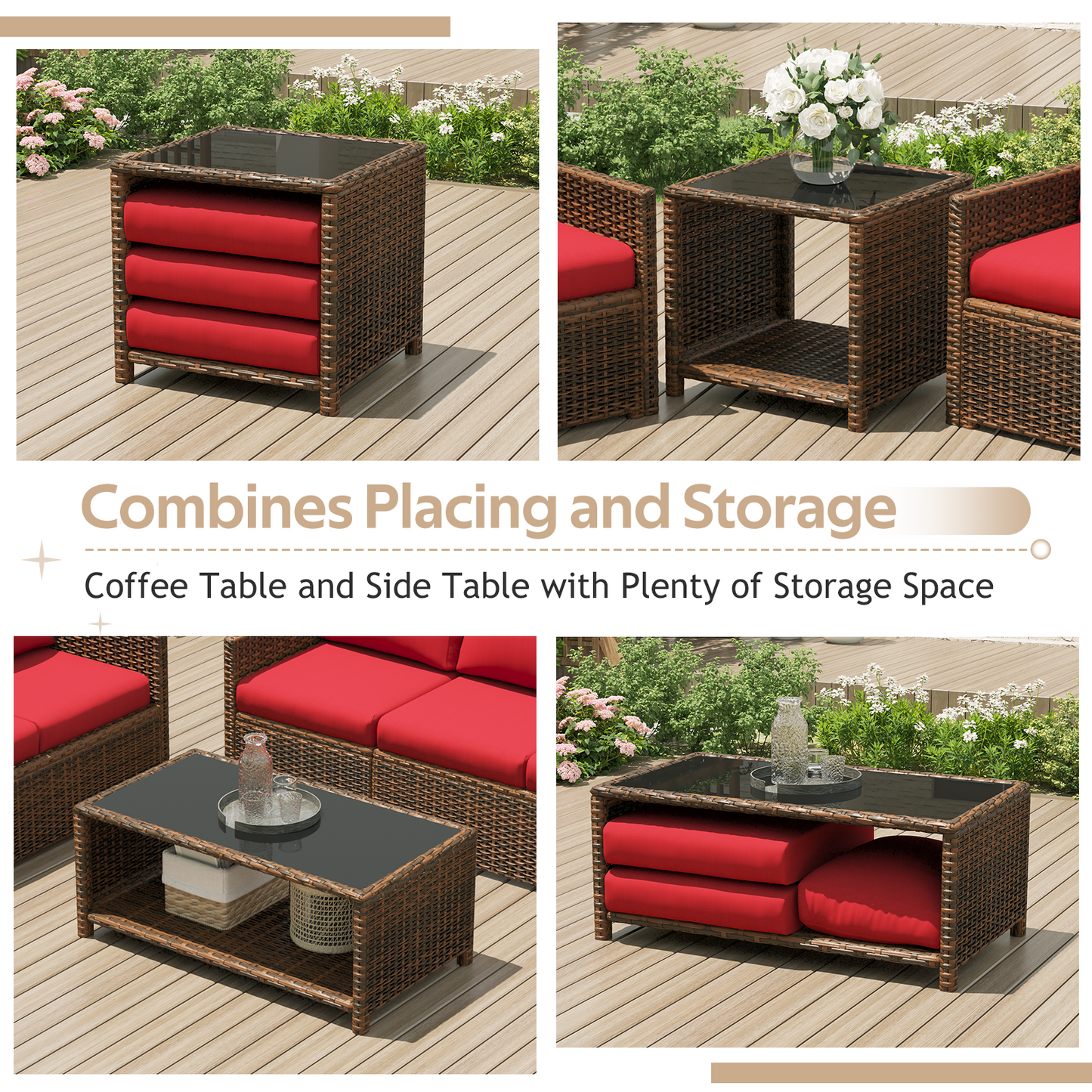YODOLLA Patio Furniture Set with Two Table 7 PCS Outdoor Furniture, Brown Ranttan Red Cushion