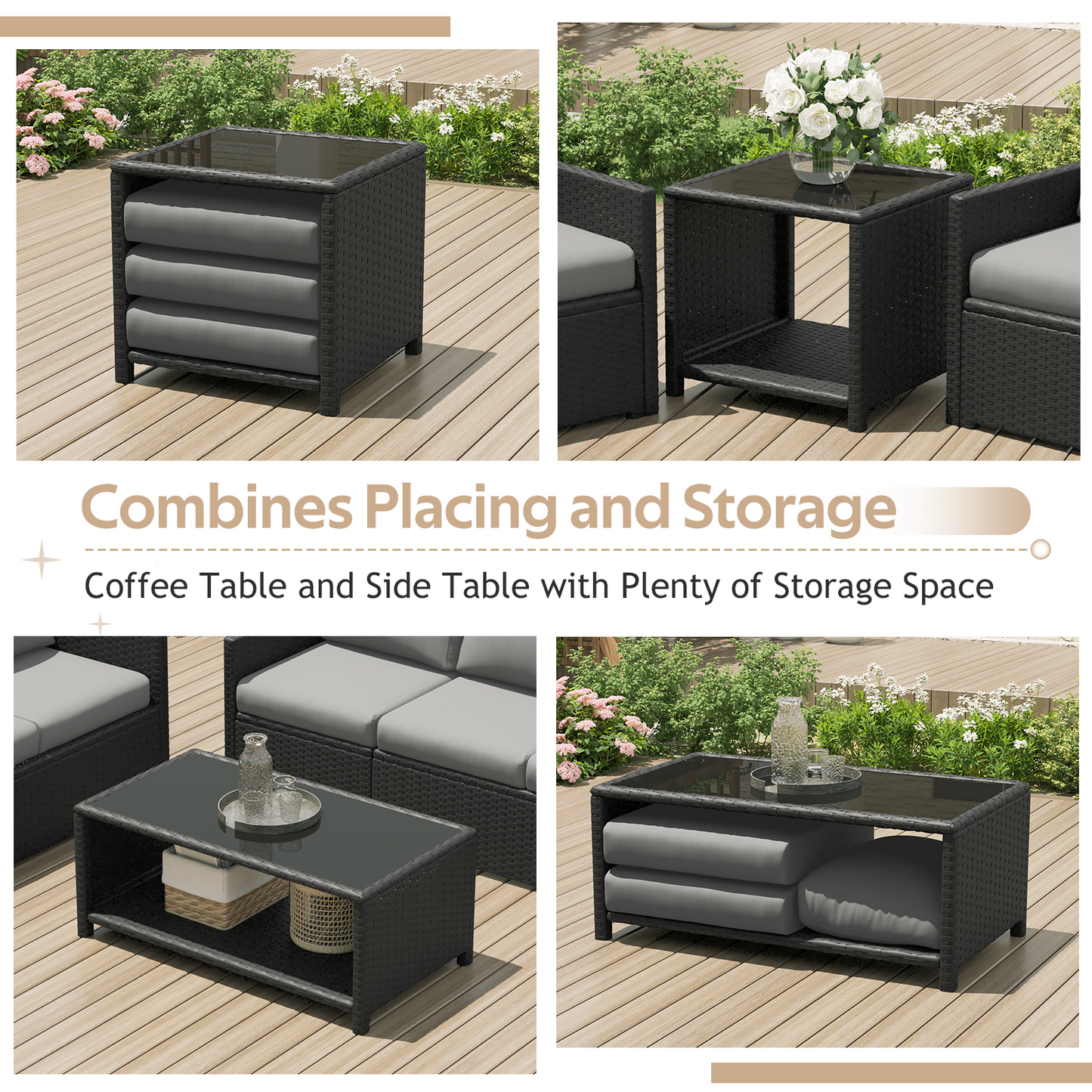 YODOLLA Patio Furniture Set with Two Table 7 PCS Outdoor Furniture, Black Ranttan Gray Cushion