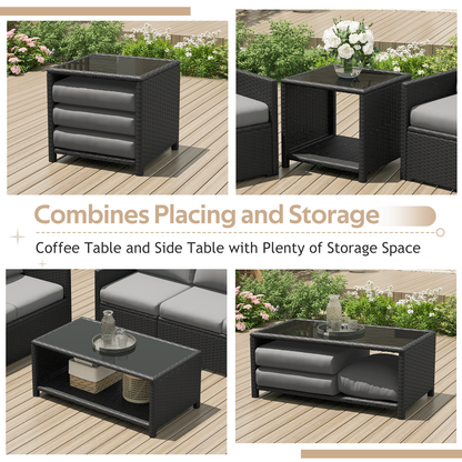YODOLLA Patio Furniture Set with Two Table 7 PCS Outdoor Furniture, Black Ranttan Gray Cushion