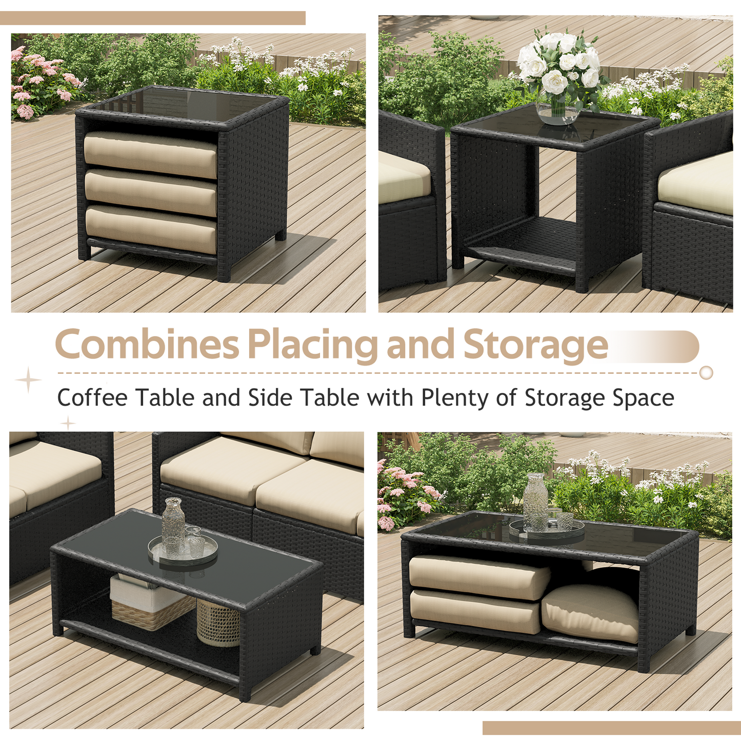 YODOLLA Patio Furniture Set with Two Table 7 PCS Outdoor Furniture, Black Ranttan Beige Cushion