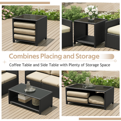 YODOLLA Patio Furniture Set with Two Table 7 PCS Outdoor Furniture, Black Ranttan Beige Cushion