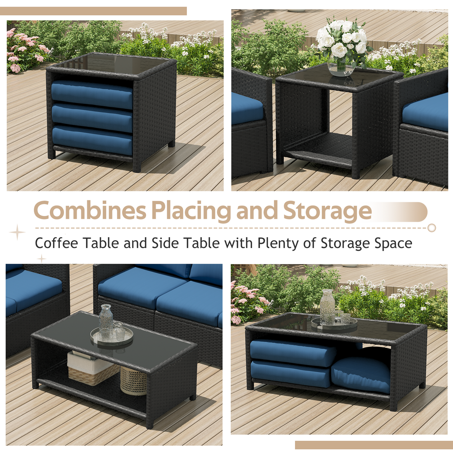 YODOLLA Patio Furniture Set with Two Table 7 PCS Outdoor Furniture, Black Ranttan Blue Cushion