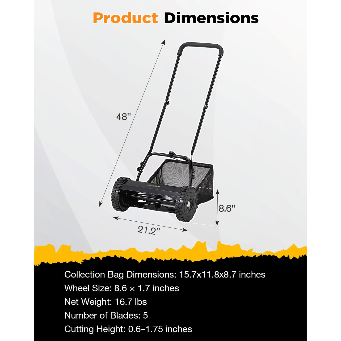 YODOLLA 16-Inch Manual Lawn Mower, 5 Blades Push Reel Lawn Mower