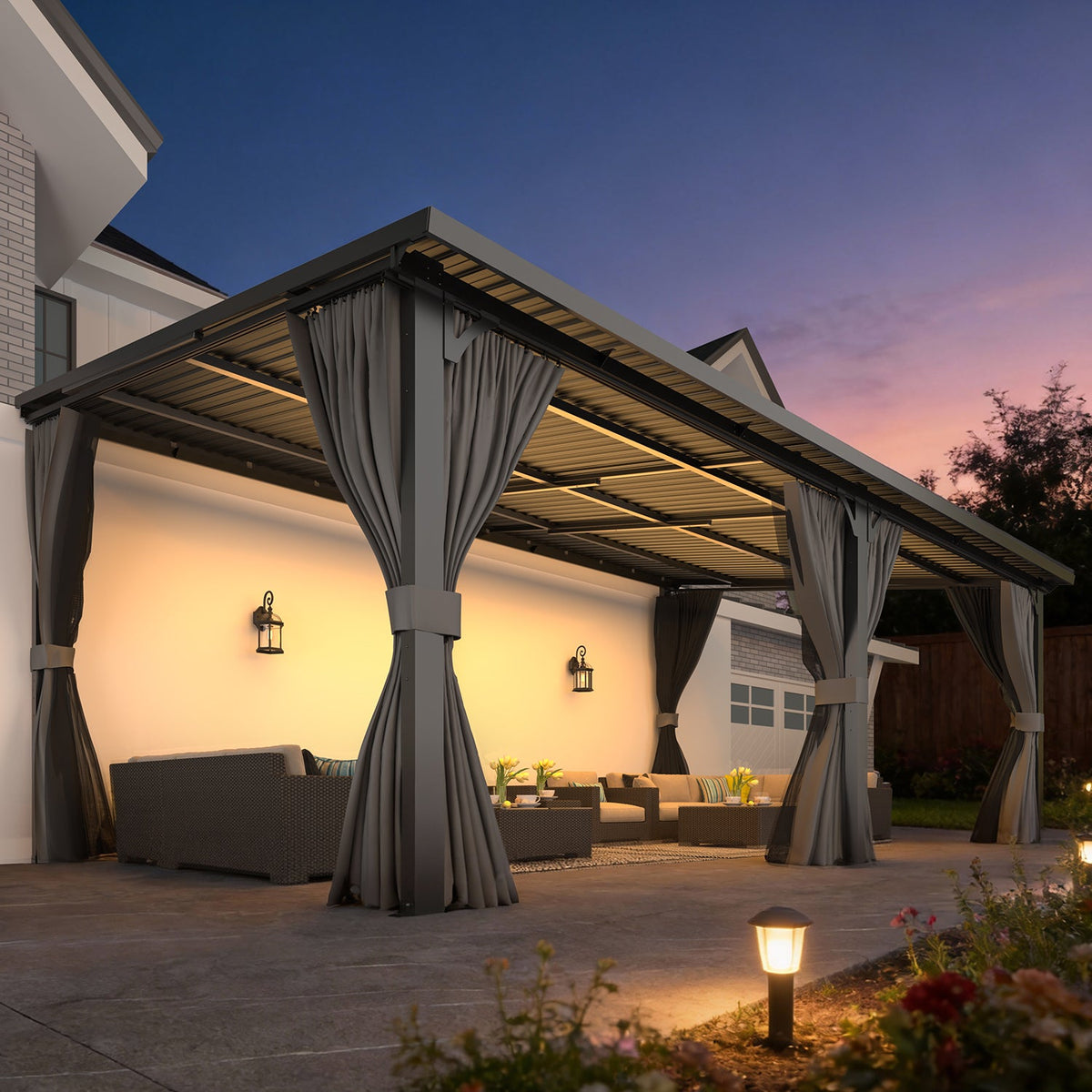 YODOLLA 20'x12' Gazebo Outdoor Hardtop Pergola with Curtain and Netting