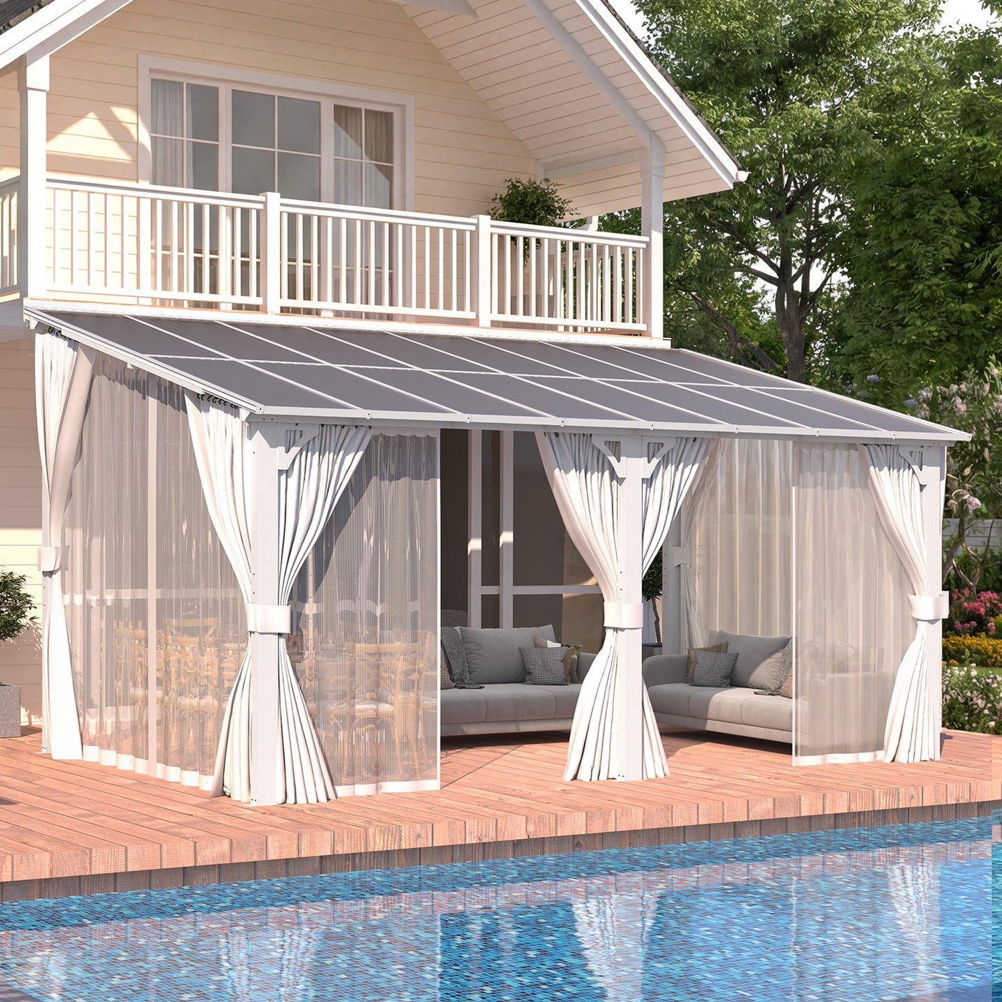 YODOLLA 16'x8' Outdoor Lean to Gazebo Pergola with Curtain and Netting for Patio, White