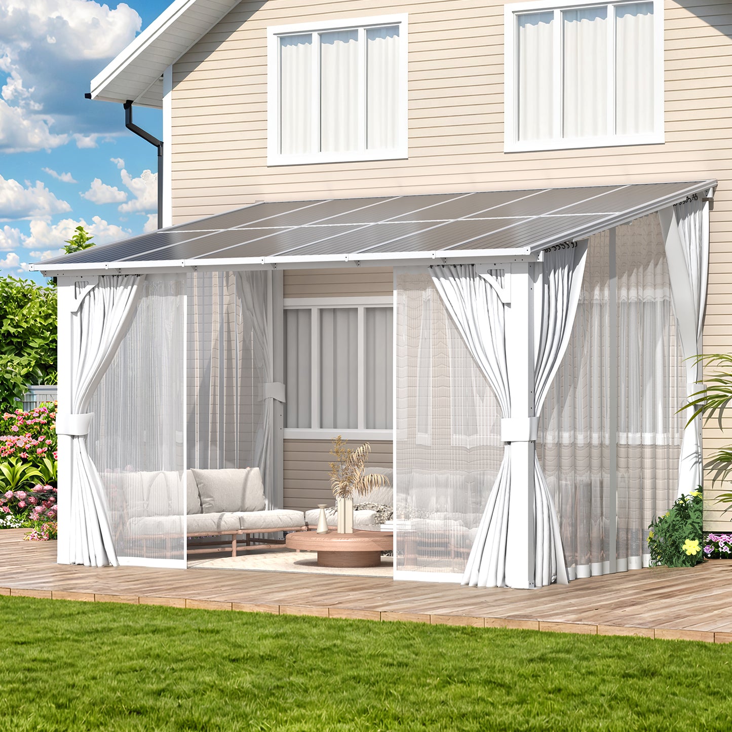 YODOLLA 12'x8' Outdoor Lean to Gazebo Pergola with Curtain and Netting for Patio, White