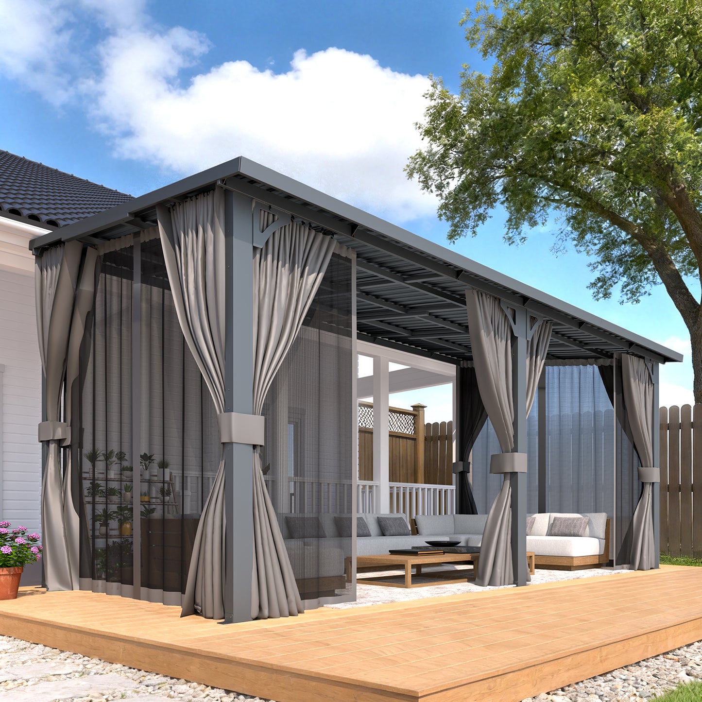 YODOLLA 16'x8' Outdoor Hardtop Metal Gazebo with Curtain and Netting