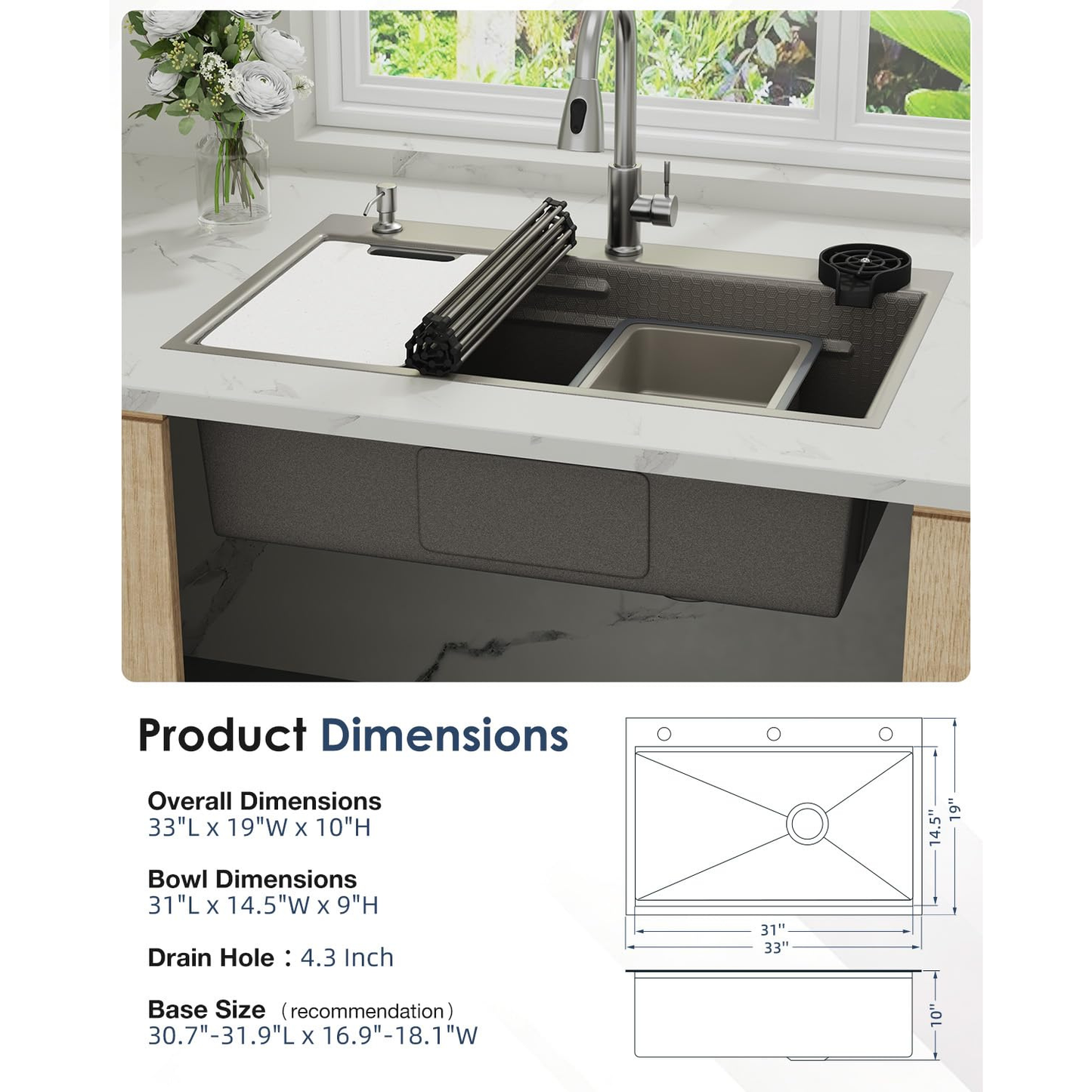 YODOLLA 33x19 In Drop-in/Topmount Kitchen Sink, Stainless Steel Workstation Sink