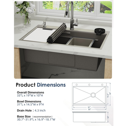 YODOLLA 33x19 In Drop-in/Topmount Kitchen Sink, Stainless Steel Workstation Sink