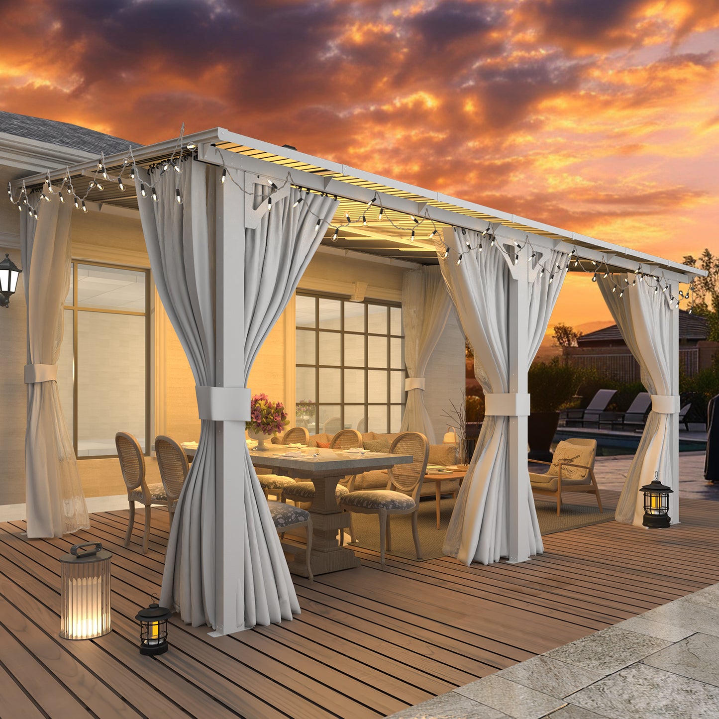 YODOLLA 14'x10' Outdoor Lean to Gazebo Pergola with Curtain and Netting for Patio, White