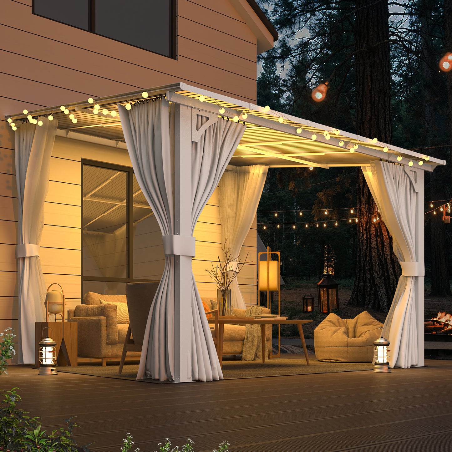 YODOLLA 10'x10' Outdoor Lean to Gazebo Pergola with Curtain and Netting for Patio, White