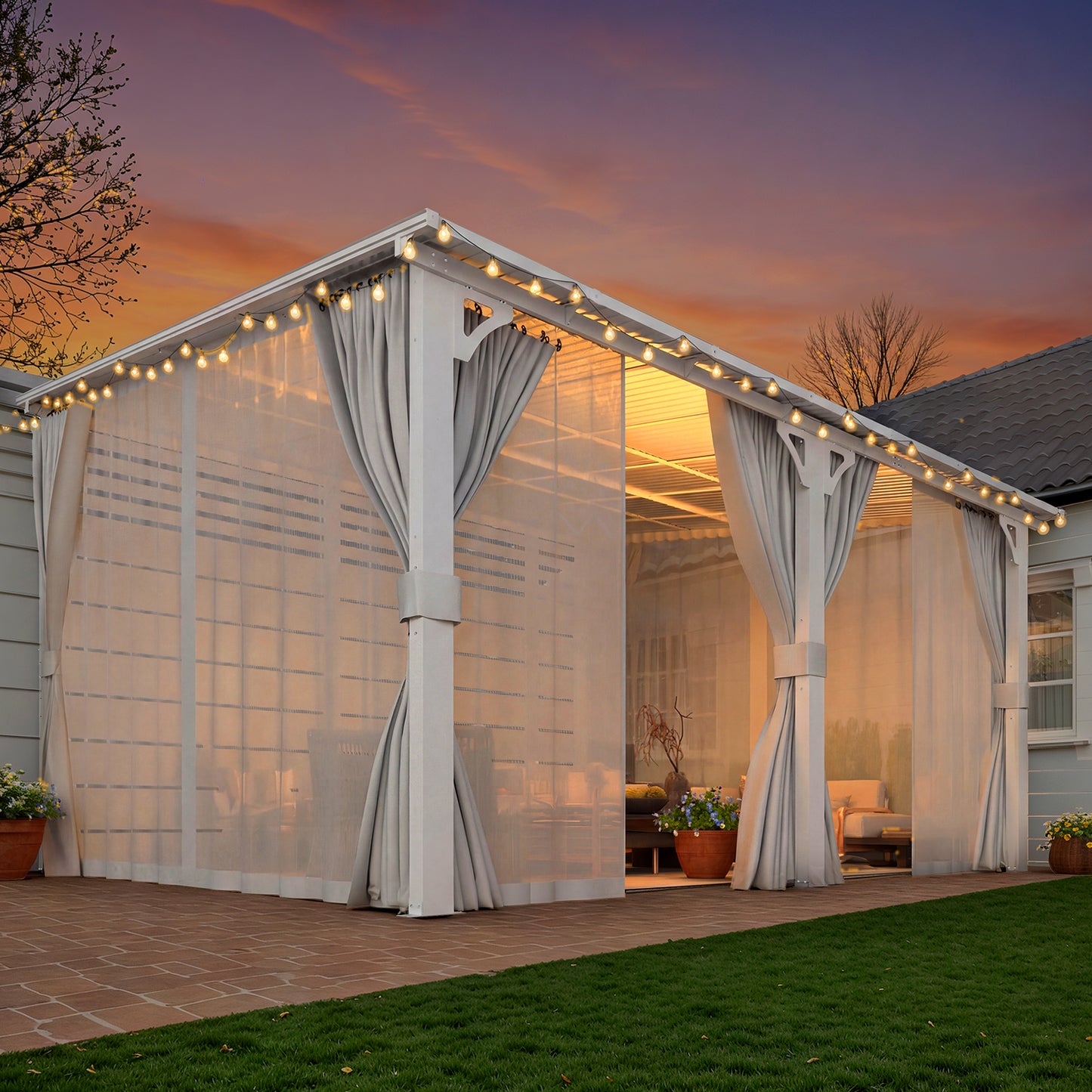 YODOLLA 14'x12' Outdoor Lean to Gazebo Pergola with Curtain and Netting for Patio, White