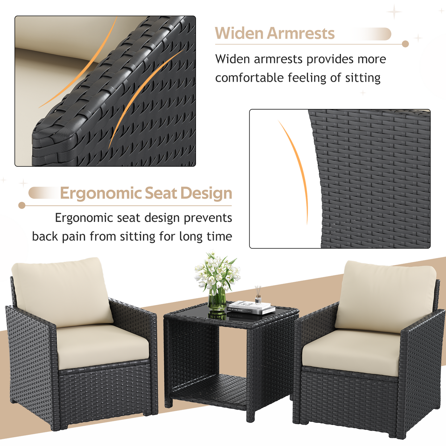 YODOLLA Patio Furniture Set with Two Table 7 PCS Outdoor Furniture, Black Ranttan Beige Cushion