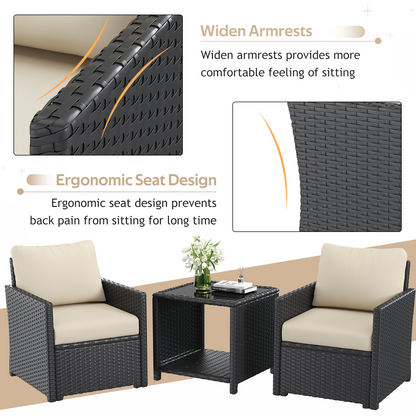 YODOLLA Patio Furniture Set with Two Table 7 PCS Outdoor Furniture, Black Ranttan Beige Cushion
