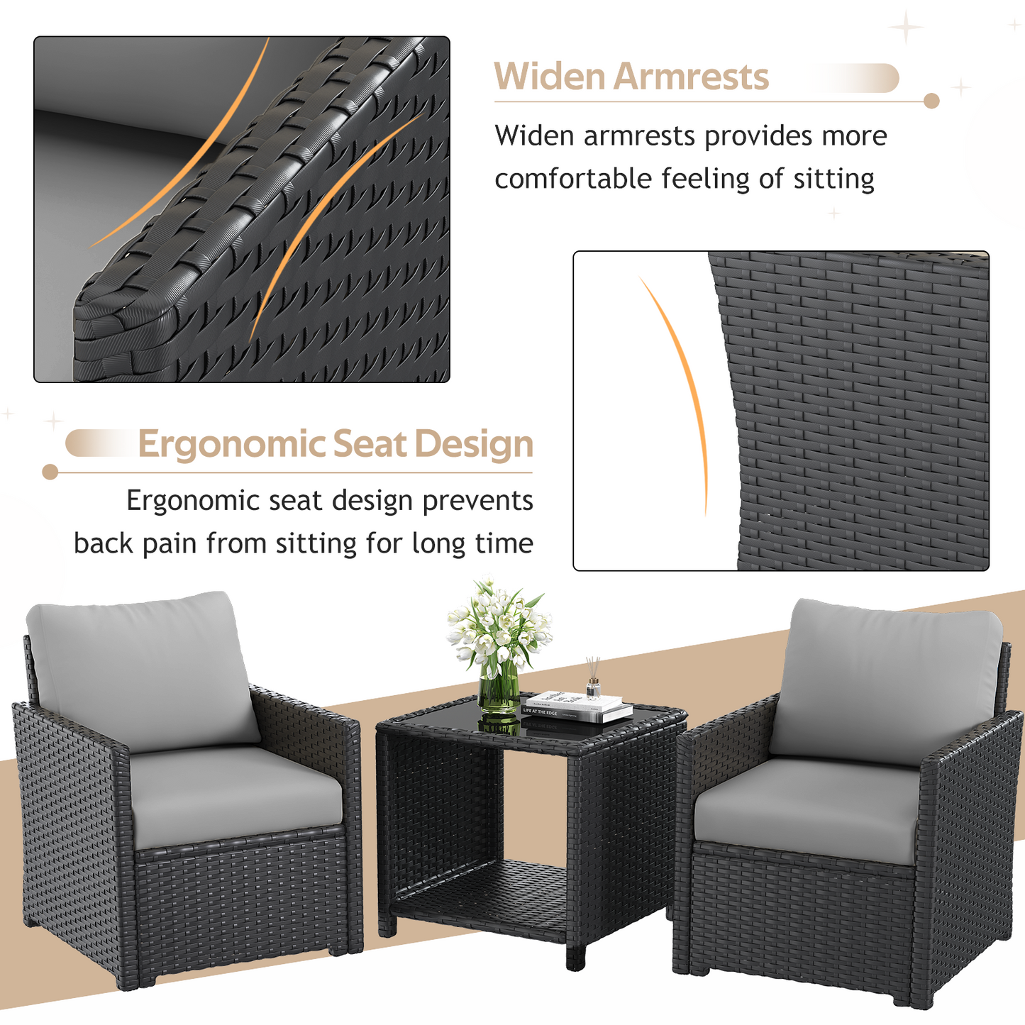 YODOLLA Patio Furniture Set with Two Table 7 PCS Outdoor Furniture, Black Ranttan Gray Cushion