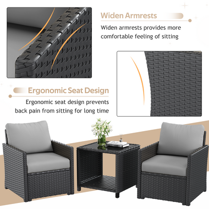 YODOLLA Patio Furniture Set with Two Table 7 PCS Outdoor Furniture, Black Ranttan Gray Cushion