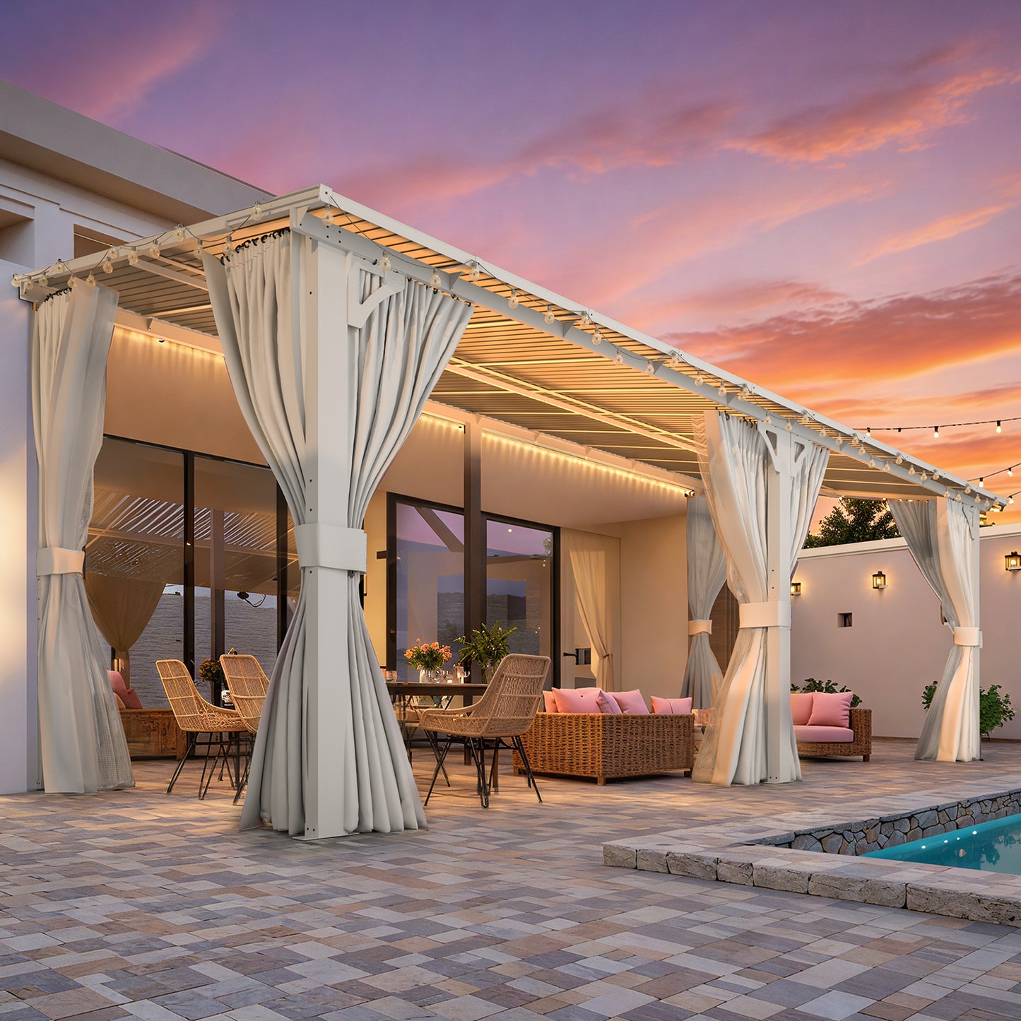 YODOLLA 20' x 8' Outdoor Lean to Gazebo Pergola with Curtain and Netting for Patio, White