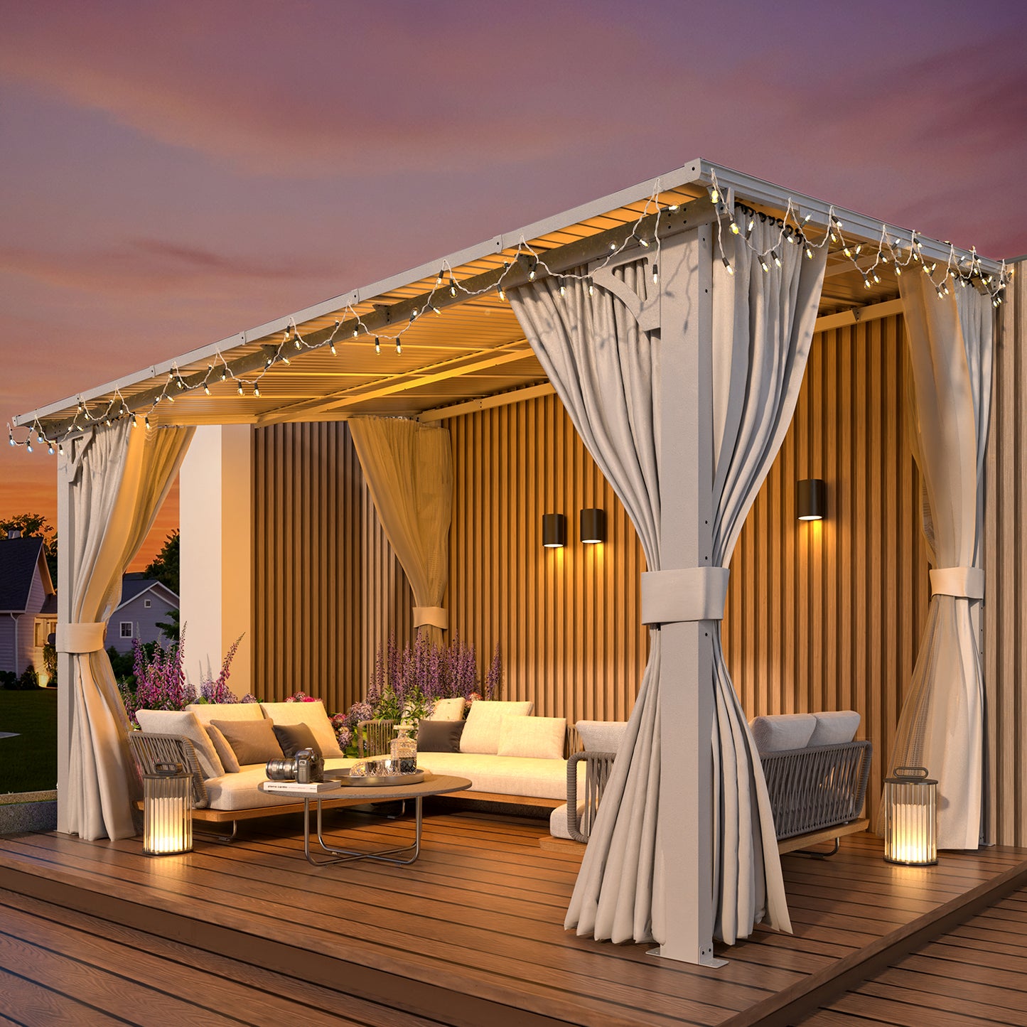 YODOLLA 12'x8' Outdoor Lean to Gazebo Pergola with Curtain and Netting for Patio, White