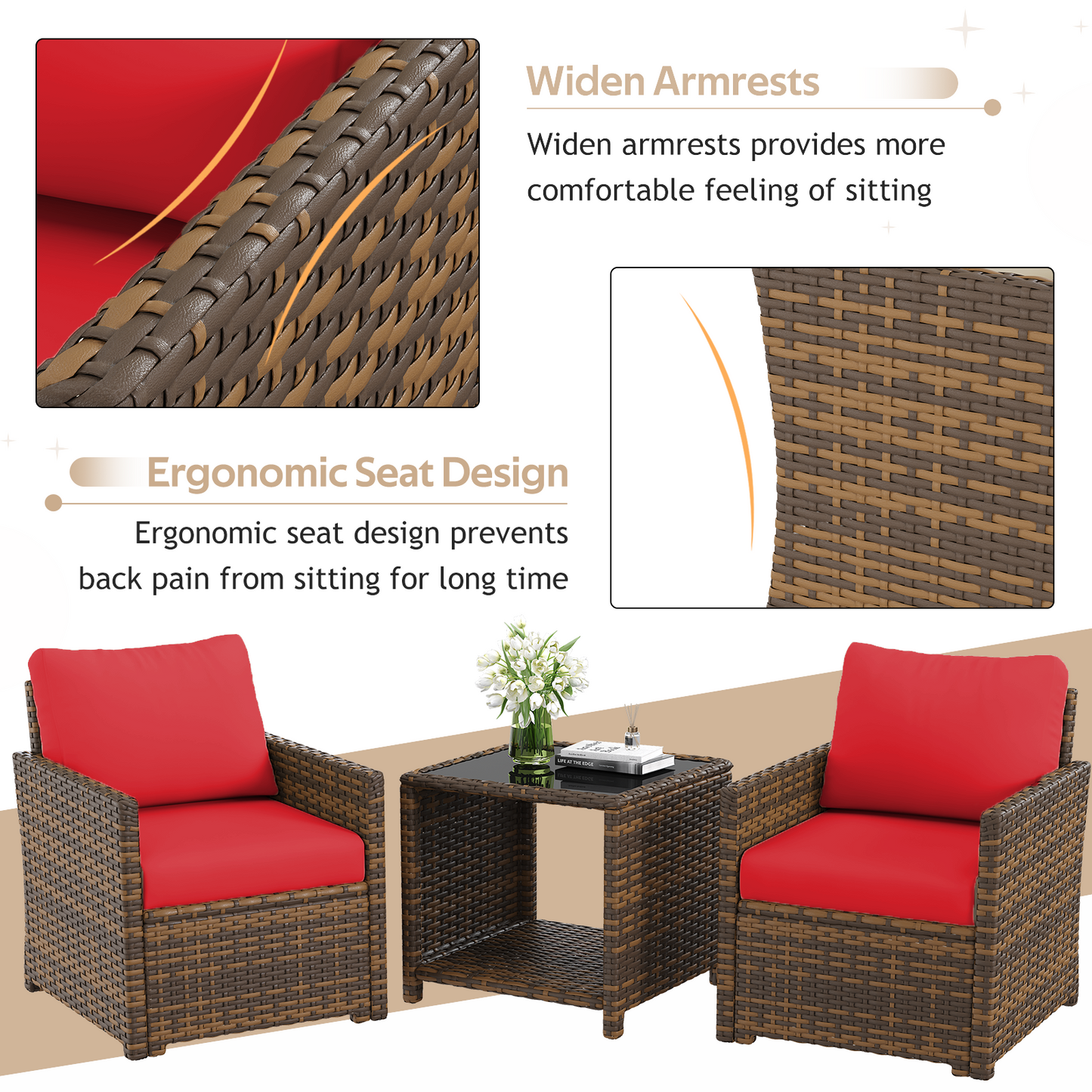 YODOLLA Patio Furniture Set with Two Table 7 PCS Outdoor Furniture, Brown Ranttan Red Cushion