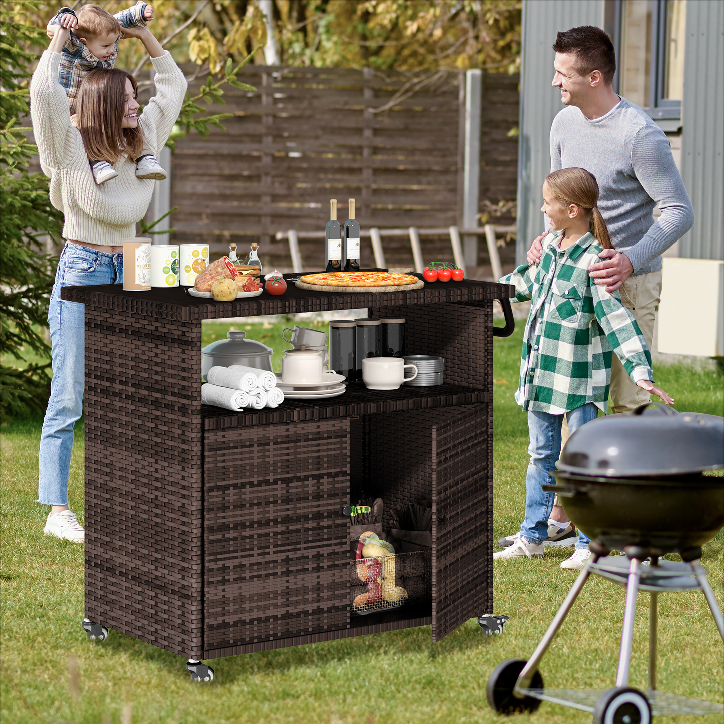 YODOLLA Outdoor Bar Cart, Patio Storage Grill Cart with Handles, Brown
