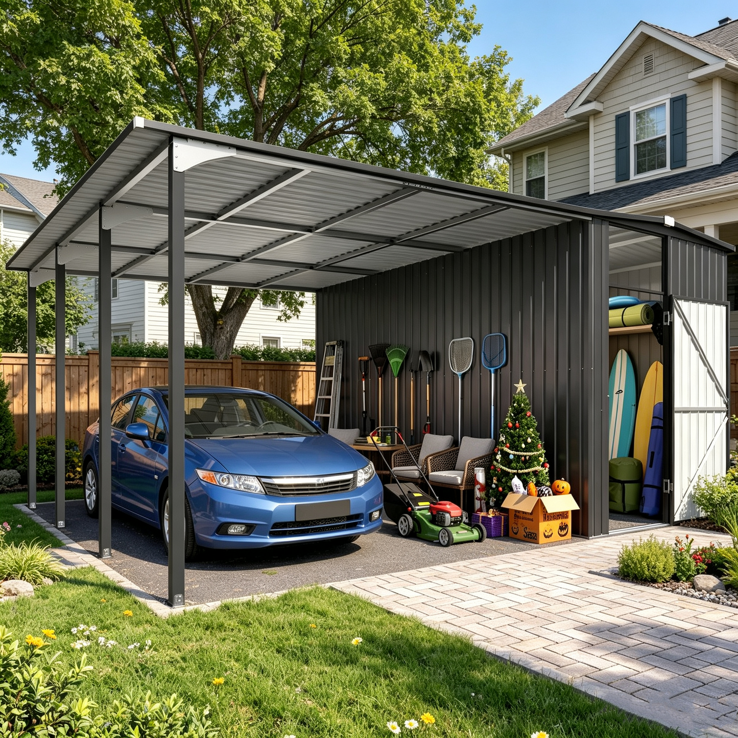 YODOLLA 12x16 Lean to Gazebo Metal Shed Combo, Hardtop Carport with Storage