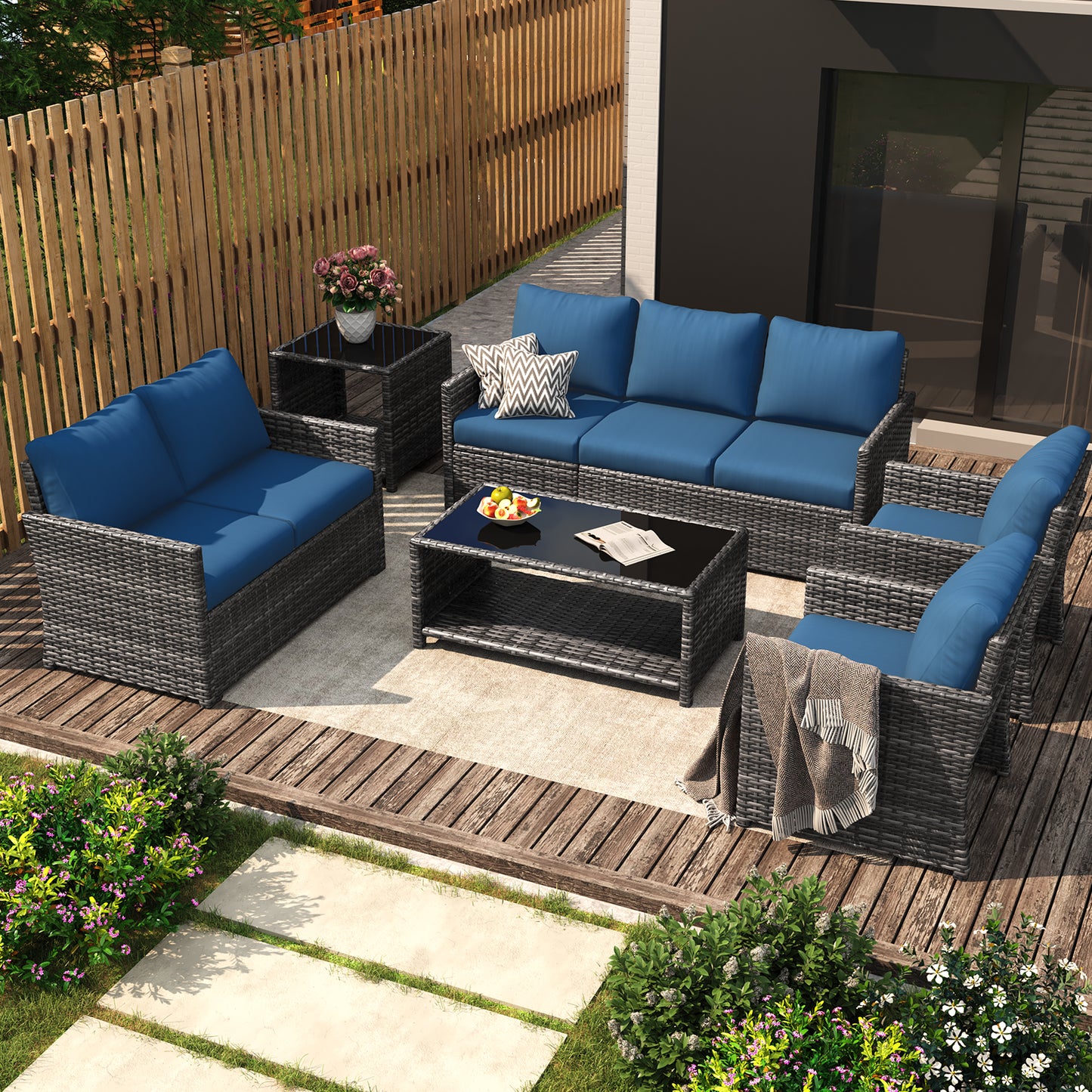 YODOLLA Patio Furniture Set with Two Table 7 PCS Outdoor Furniture, Gray Ranttan Blue Cushion