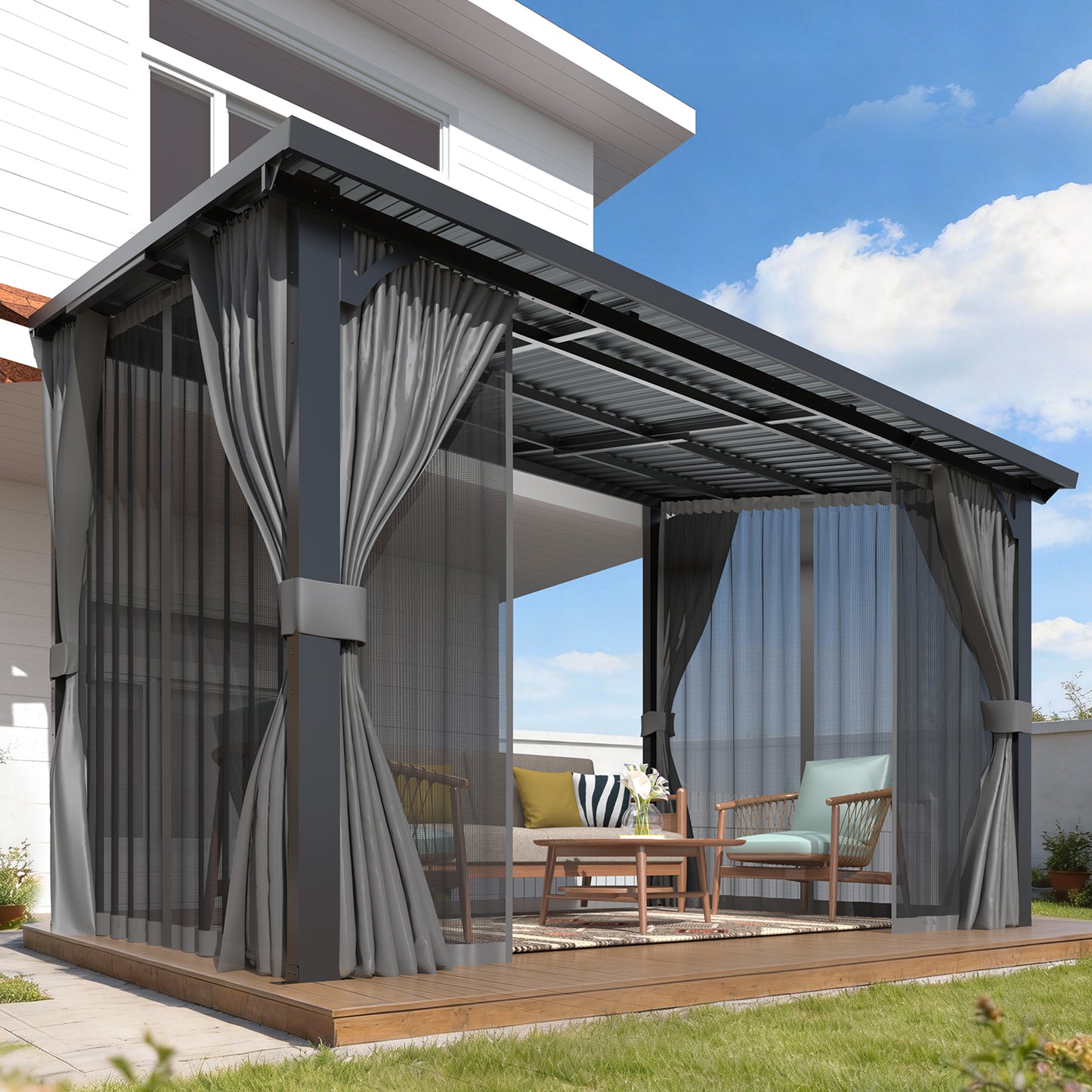 YODOLLA 12'x8' Outdoor Hardtop Gazebo Pergola with Curtains and Netting for Patio