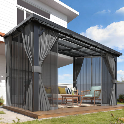 YODOLLA 12'x8' Outdoor Hardtop Gazebo Pergola with Curtains and Netting for Patio