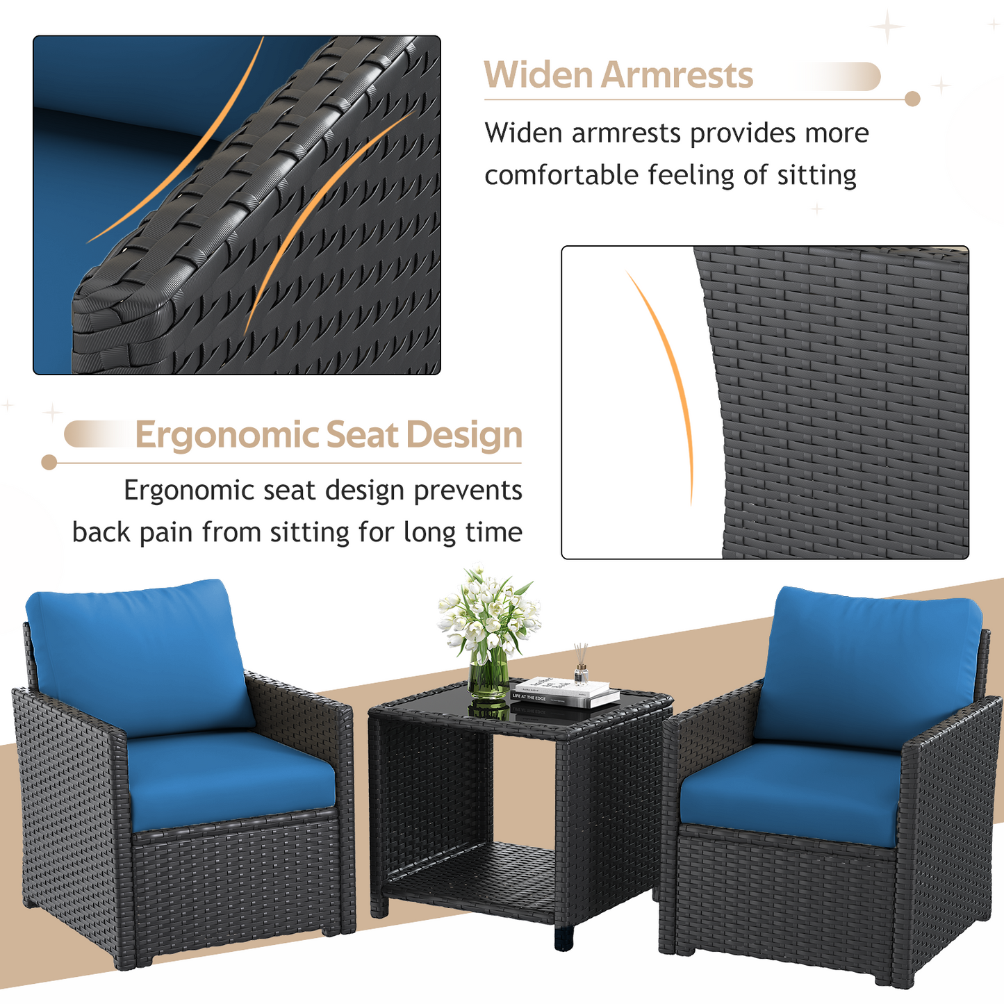 YODOLLA Patio Furniture Set with Two Table 7 PCS Outdoor Furniture, Black Ranttan Blue Cushion